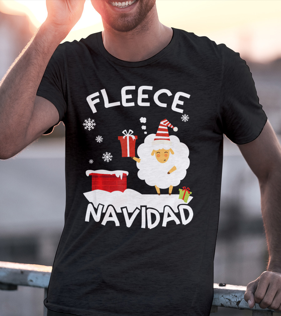 Fleece Navidad Sheep With Santa Hat And Gift Chimney Snowflakes T-Shirt