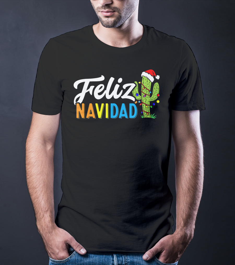Feliz Navidad Cactus Santa Hat Christmas Lights T-Shirt