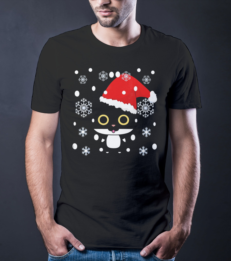 Cute Kawaii Cat With Santa Hat And Snowflakes Christmas T-Shirt