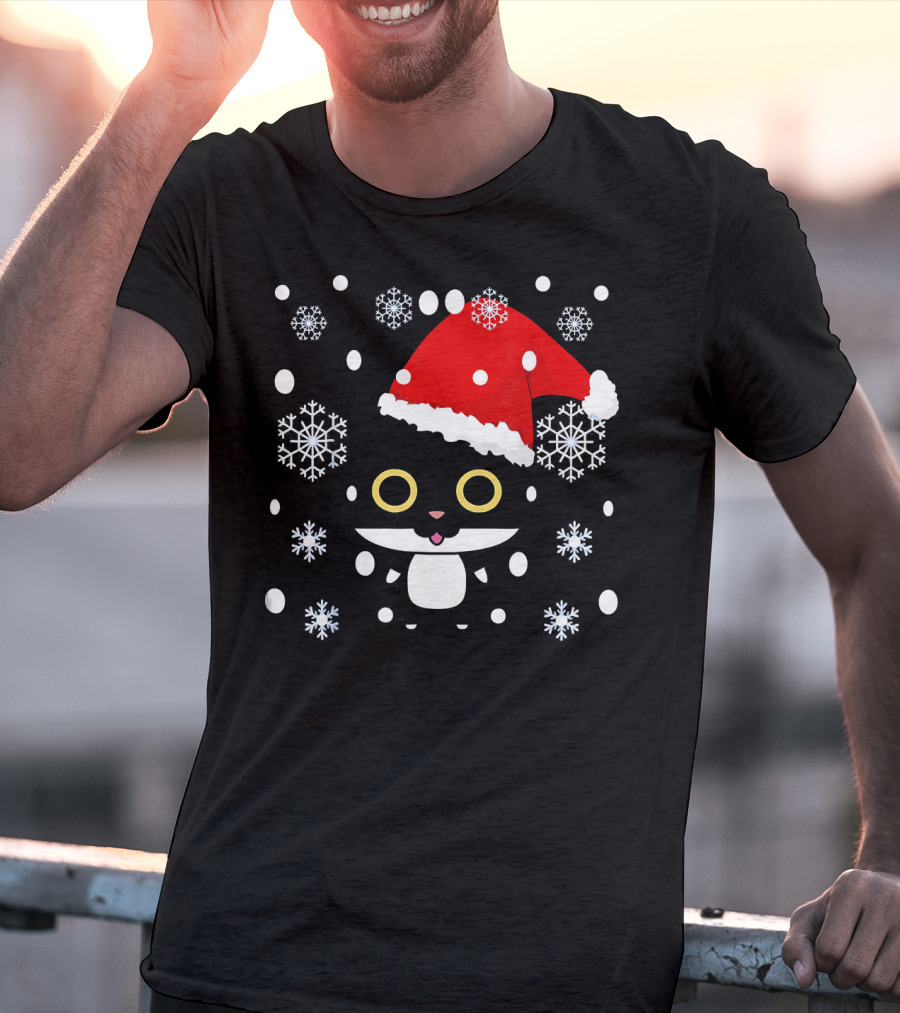 Cute Kawaii Cat With Santa Hat And Snowflakes Christmas T-Shirt