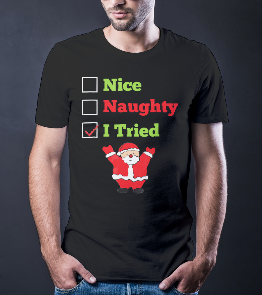 Nice Naughty I Tried Santa Checklist Funny Christmas T-Shirt