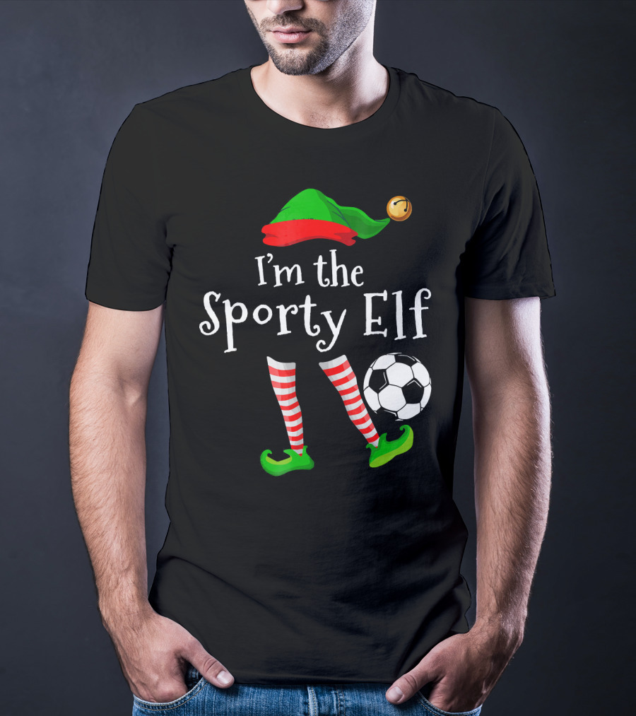 I'm The Sporty Elf Soccer Player Festive Holiday Striped Socks And Green Shoes With Soccer Ball T-Shirt