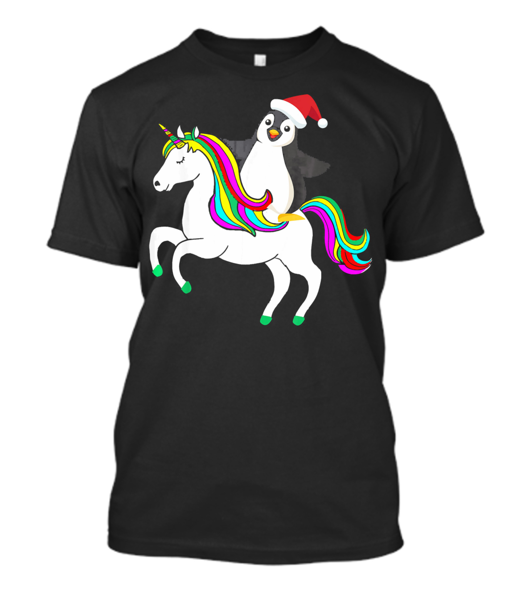Penguin In Santa Hat Riding A Rainbow Unicorn T-Shirt