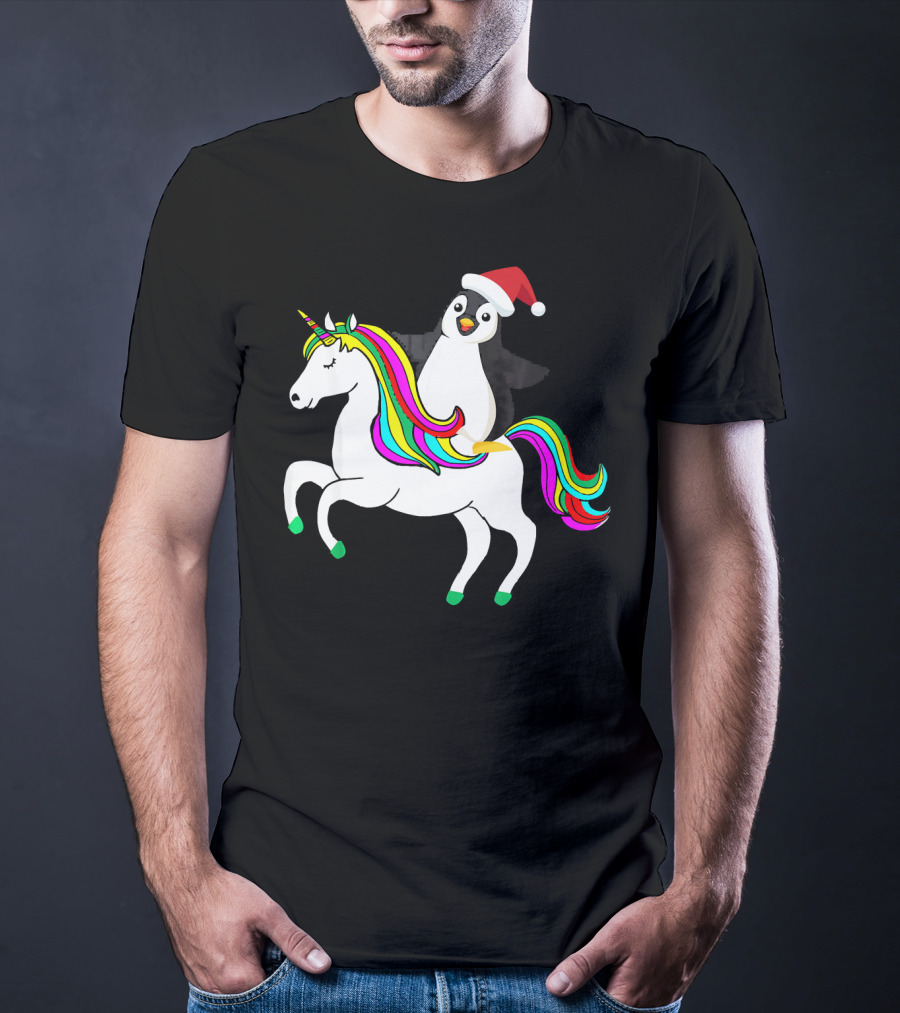 Penguin In Santa Hat Riding A Rainbow Unicorn T-Shirt