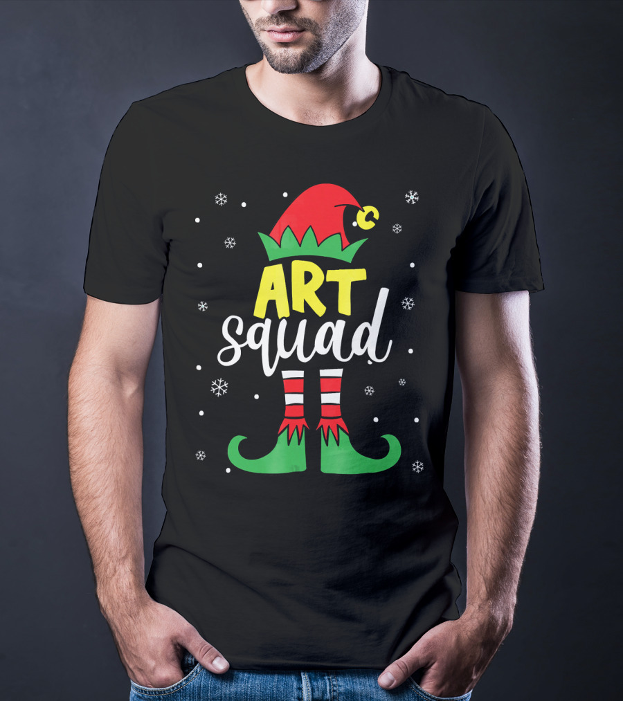 Art Squad Elf Christmas Teacher Snowflakes T-Shirt