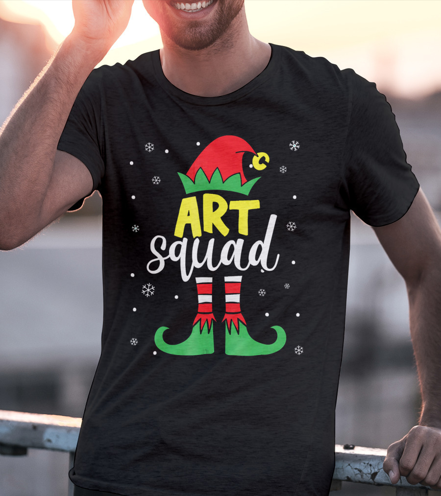 Art Squad Elf Christmas Teacher Snowflakes T-Shirt
