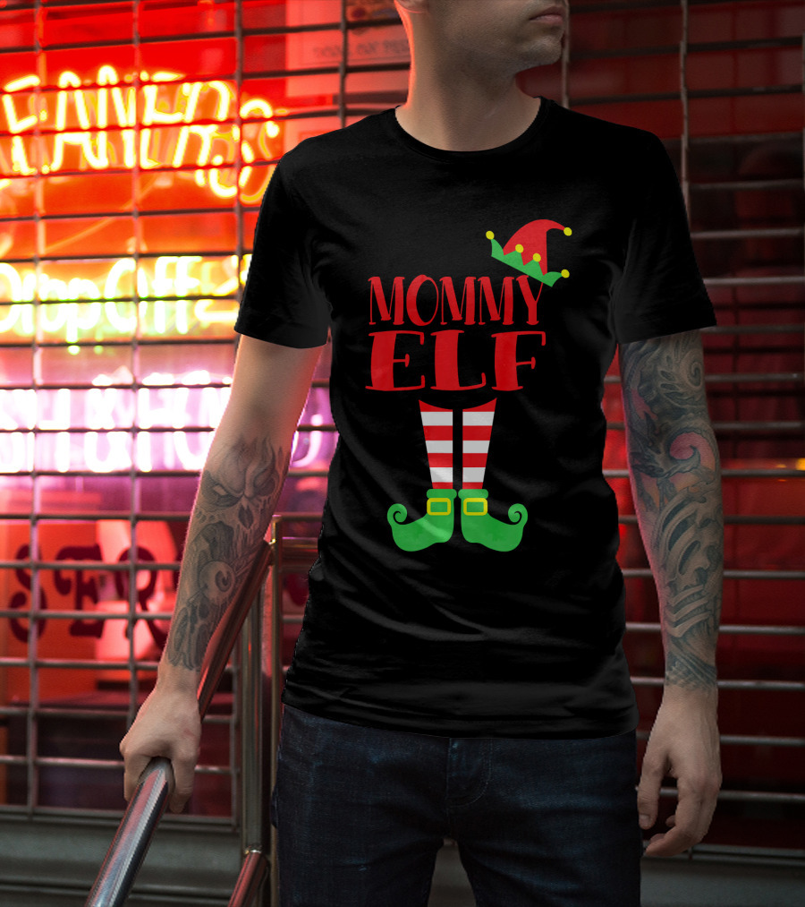 Mommy ELF Christmas Hat And Striped Socks Festive Season T-Shirt