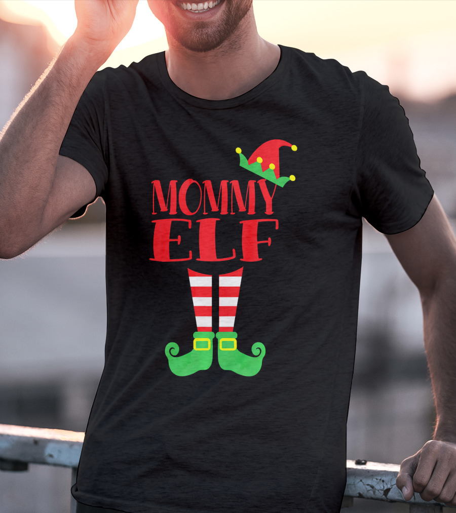 Mommy ELF Christmas Hat And Striped Socks Festive Season T-Shirt