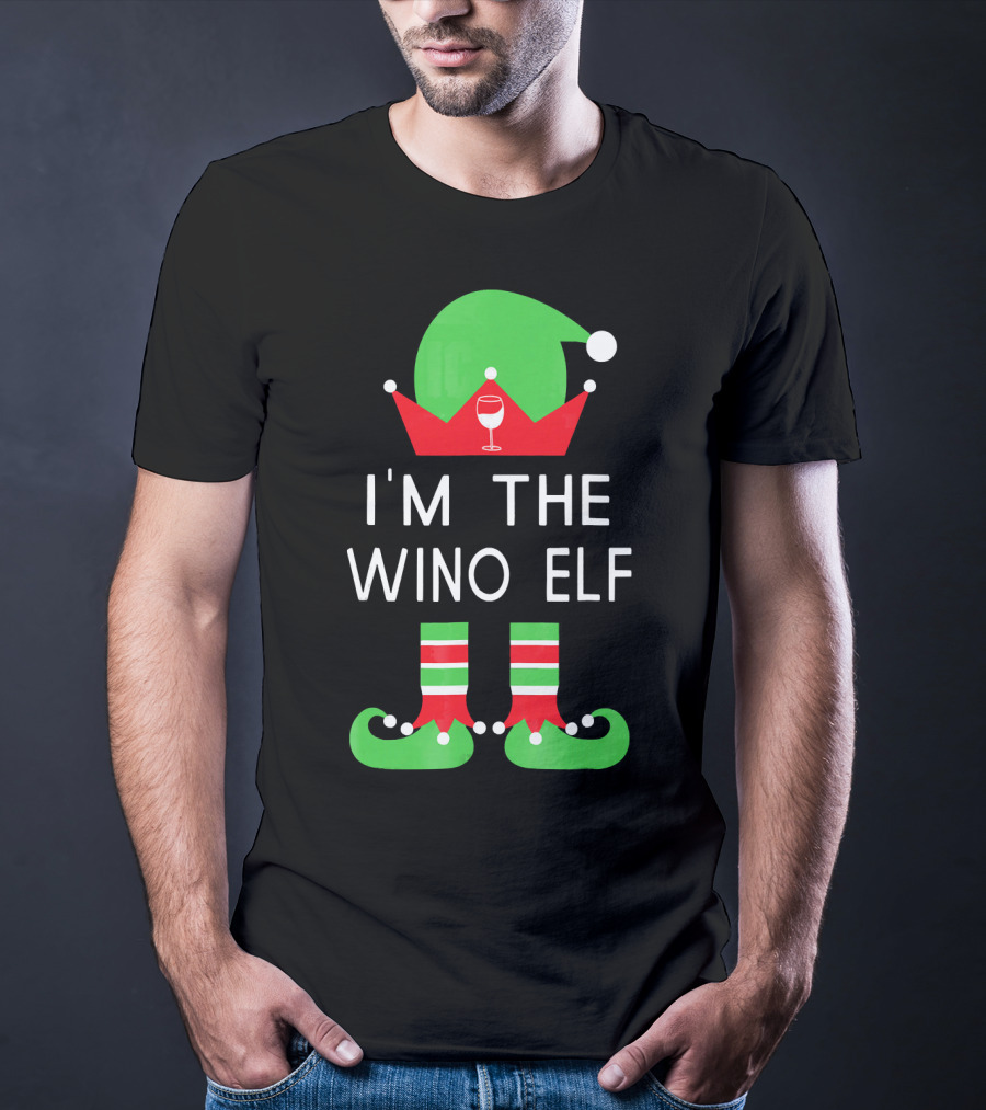 I'm The Wino Elf Funny Christmas Wine Green Red Hat And Striped Socks T-Shirt