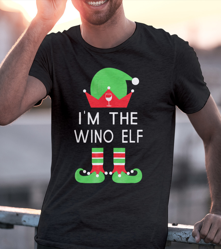 I'm The Wino Elf Funny Christmas Wine Green Red Hat And Striped Socks T-Shirt