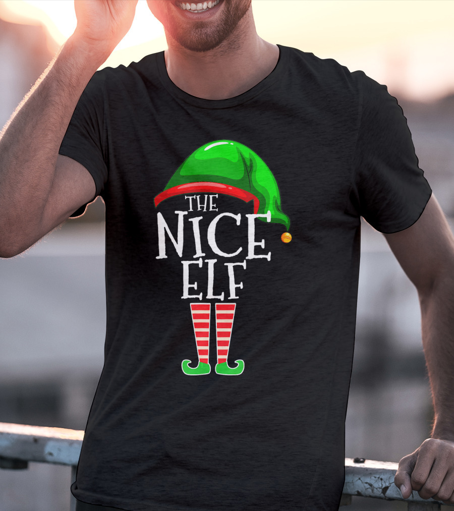 The Nice Elf Group Matching Family Christmas Hat And Striped Leg T-Shirt