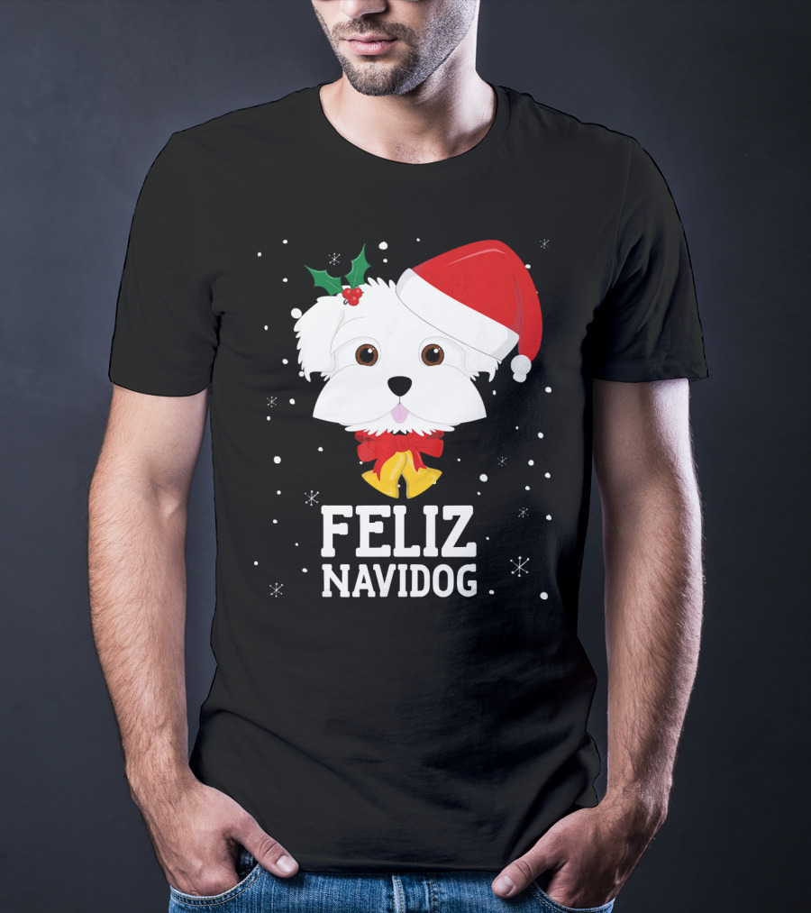 Feliz Navidog Christmas Dog In Santa Hat Maltese T-Shirt