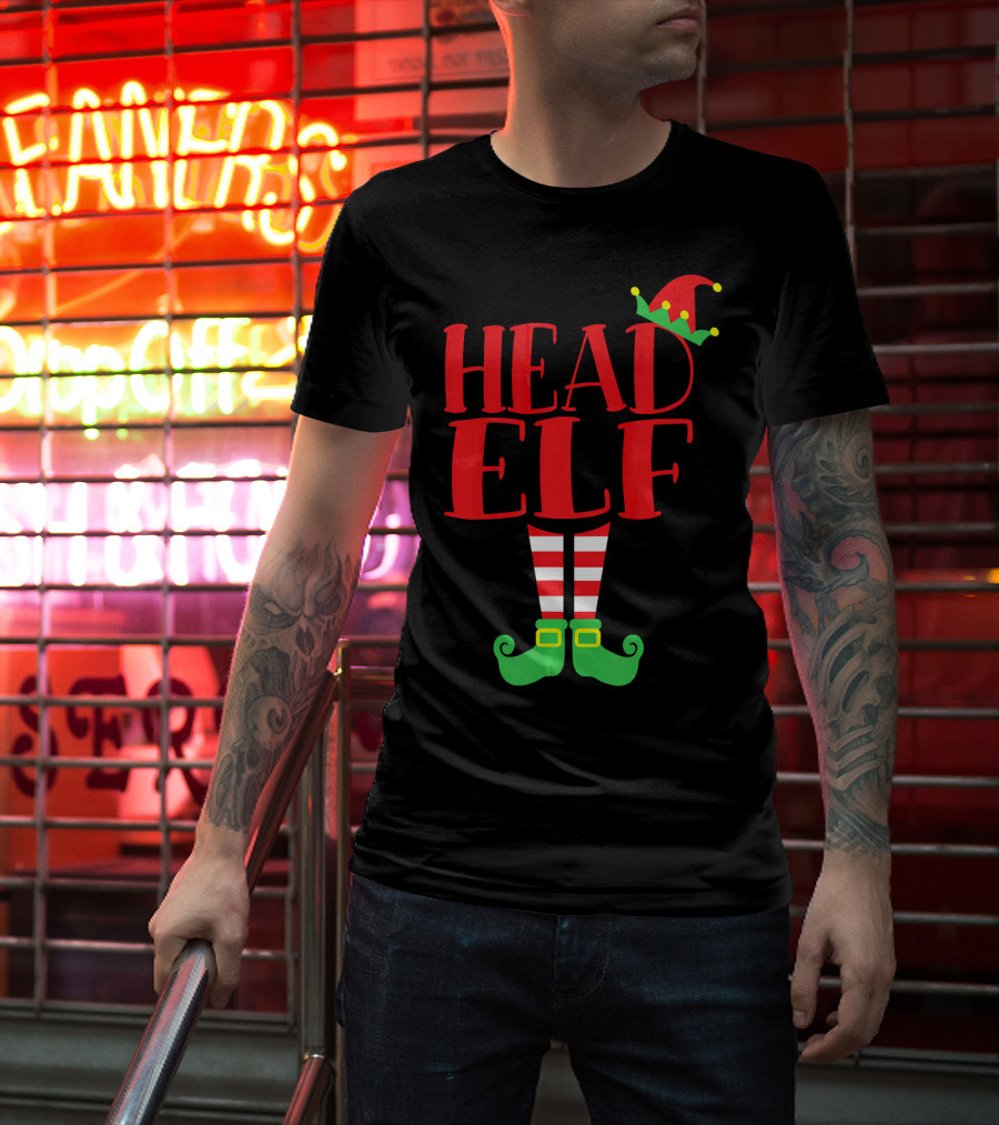 Head Elf Christmas Season Dad Hat Striped Red White Socks Green Shoes T-Shirt