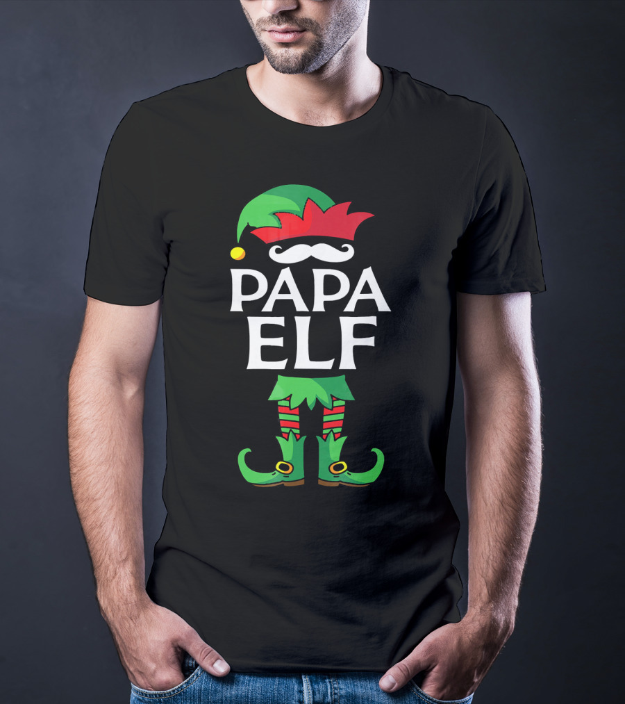 Papa Elf Costume Christmas Holiday Match With Santa Hat And Green Boots T-Shirt