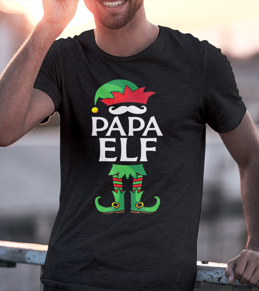 Papa Elf Costume Christmas Holiday Match With Santa Hat And Green Boots T-Shirt