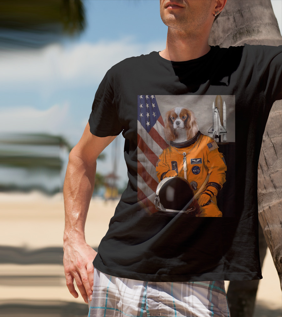 Cavalier King Charles Spaniel NASA Astronaut With American Flag And Space Shuttle T-Shirt