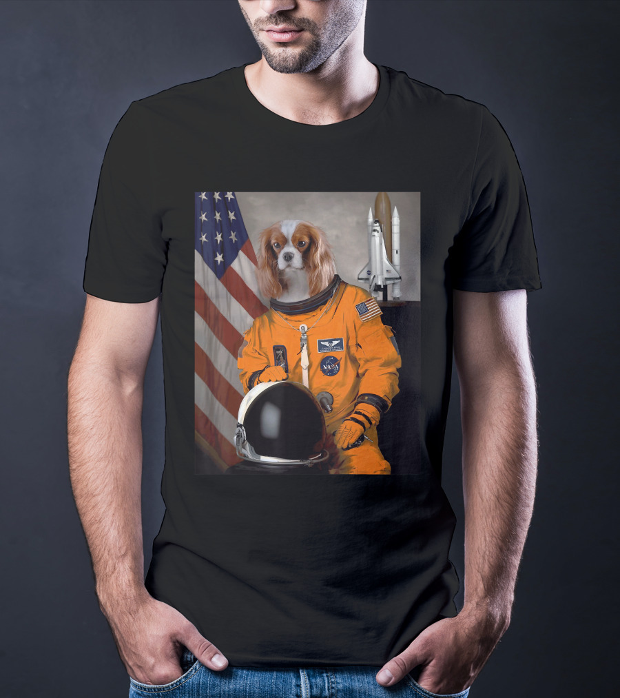 Cavalier King Charles Spaniel NASA Astronaut With American Flag And Space Shuttle T-Shirt