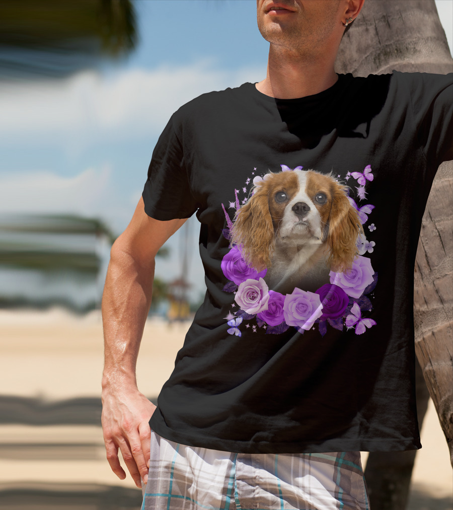 Purple Bloom With Flowers And Butterflies Featuring Cavalier King Charles Spaniel Floral Arrangement T-Shirt