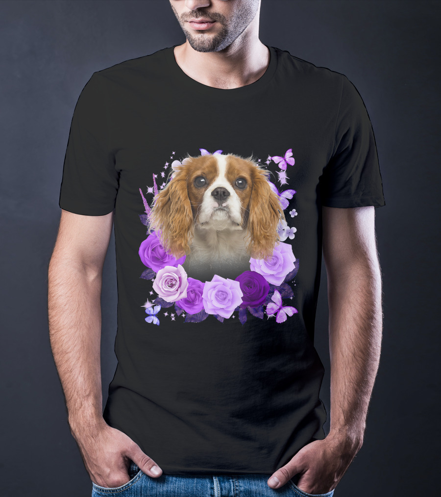 Purple Bloom With Flowers And Butterflies Featuring Cavalier King Charles Spaniel Floral Arrangement T-Shirt