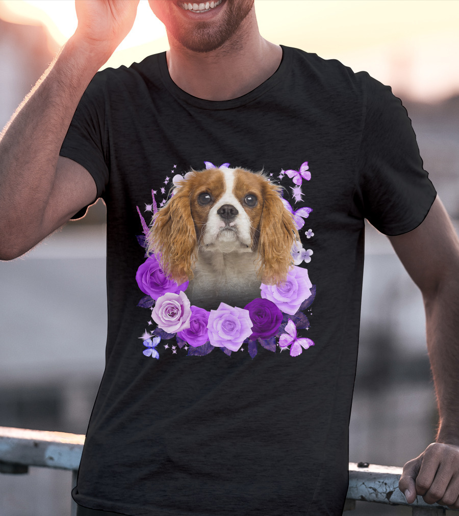 Purple Bloom With Flowers And Butterflies Featuring Cavalier King Charles Spaniel Floral Arrangement T-Shirt