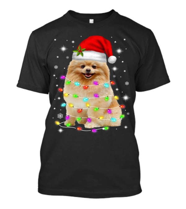 Pomeranian Pup Wrapped In Christmas Lights With Santa Hat And Festive Glow T-Shirt