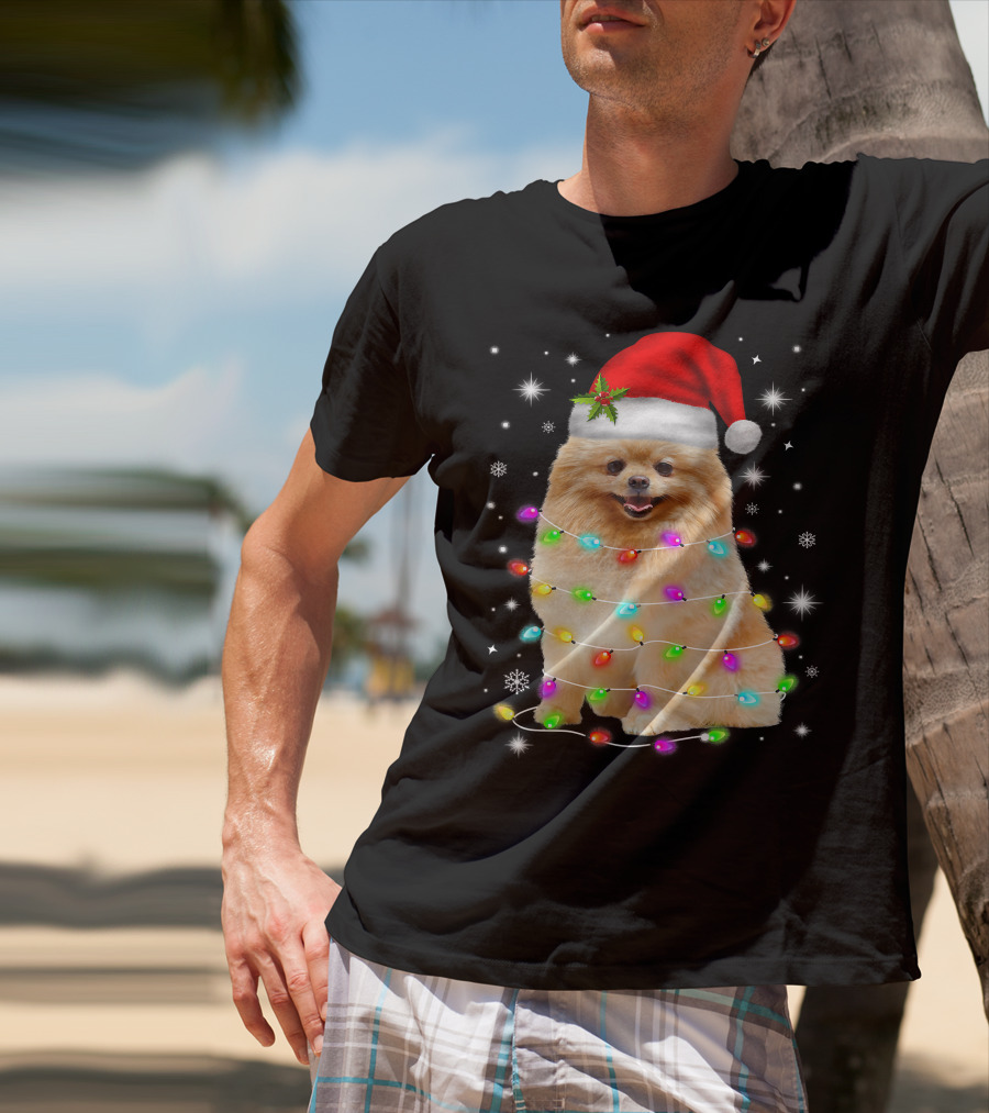 Pomeranian Pup Wrapped In Christmas Lights With Santa Hat And Festive Glow T-Shirt