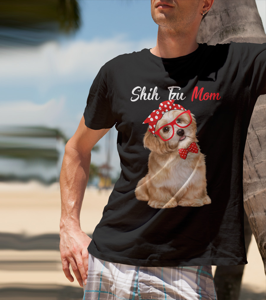 Shih Tzu Mom Red Glasses And Polka Dot Bow Accessories T-Shirt