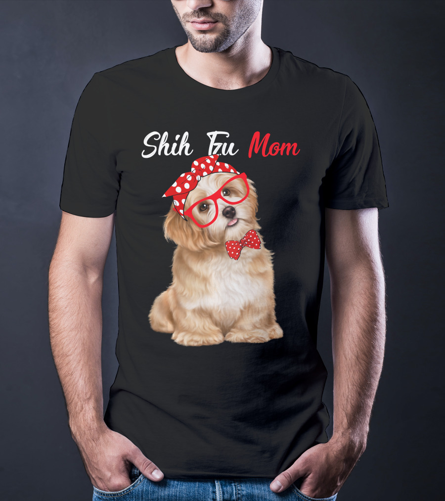 Shih Tzu Mom Red Glasses And Polka Dot Bow Accessories T-Shirt