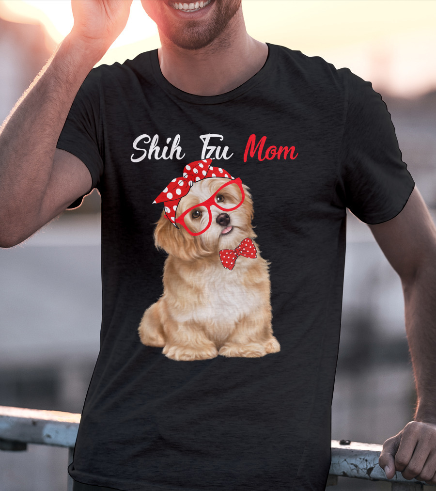 Shih Tzu Mom Red Glasses And Polka Dot Bow Accessories T-Shirt