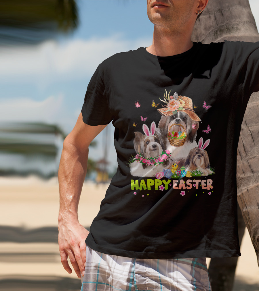 Shih Tzu Dogs With Bunny Ears And Easter Eggs Celebrating Happy Easter T-Shirt
