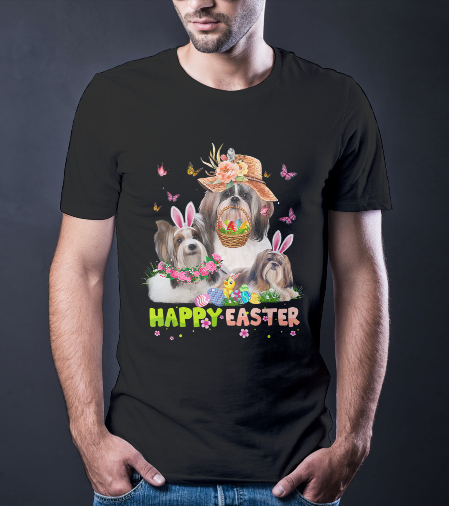 Shih Tzu Dogs With Bunny Ears And Easter Eggs Celebrating Happy Easter T-Shirt