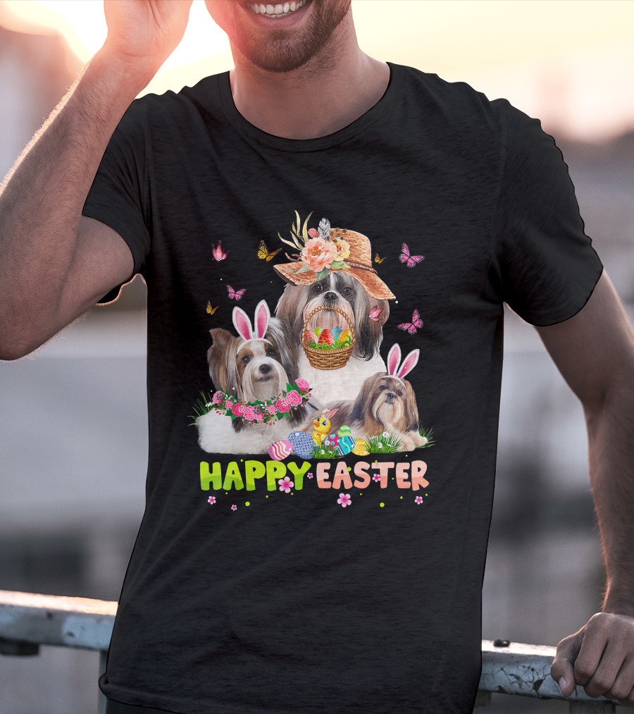 Shih Tzu Dogs With Bunny Ears And Easter Eggs Celebrating Happy Easter T-Shirt