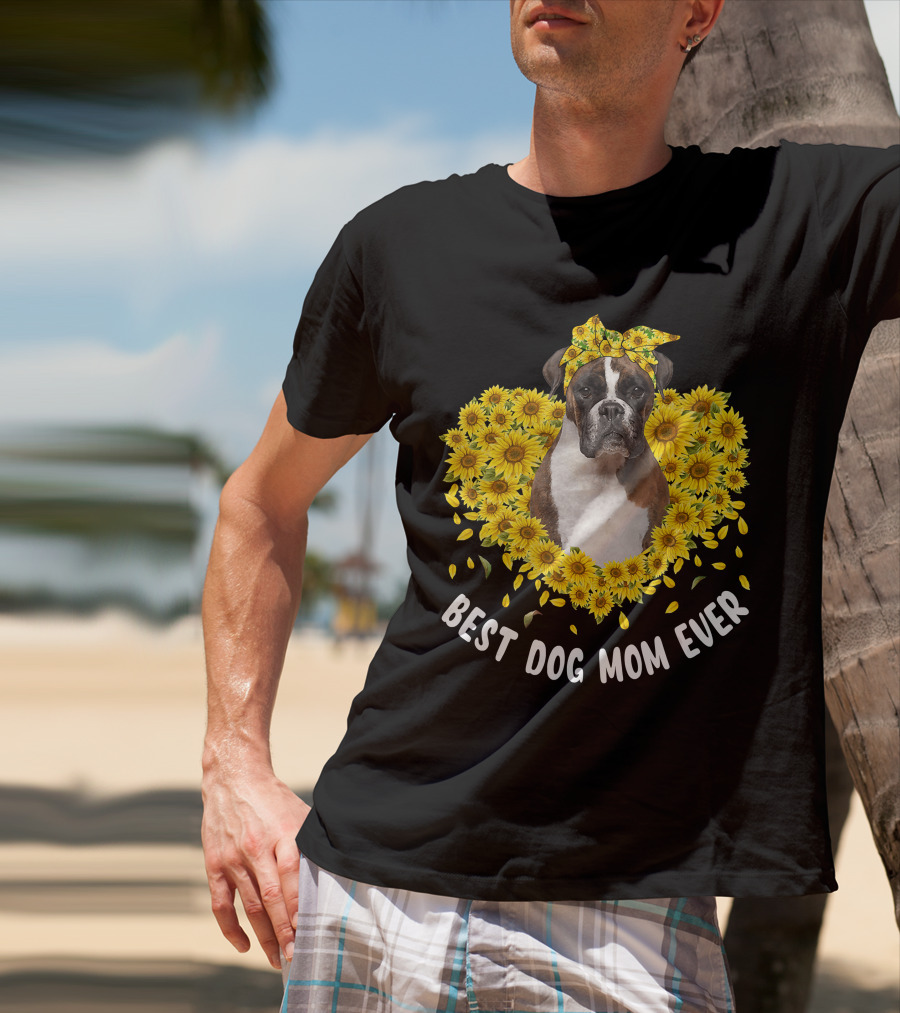 Best Dog Mom Ever Boxer Surrounded By Sunflowers T-Shirt