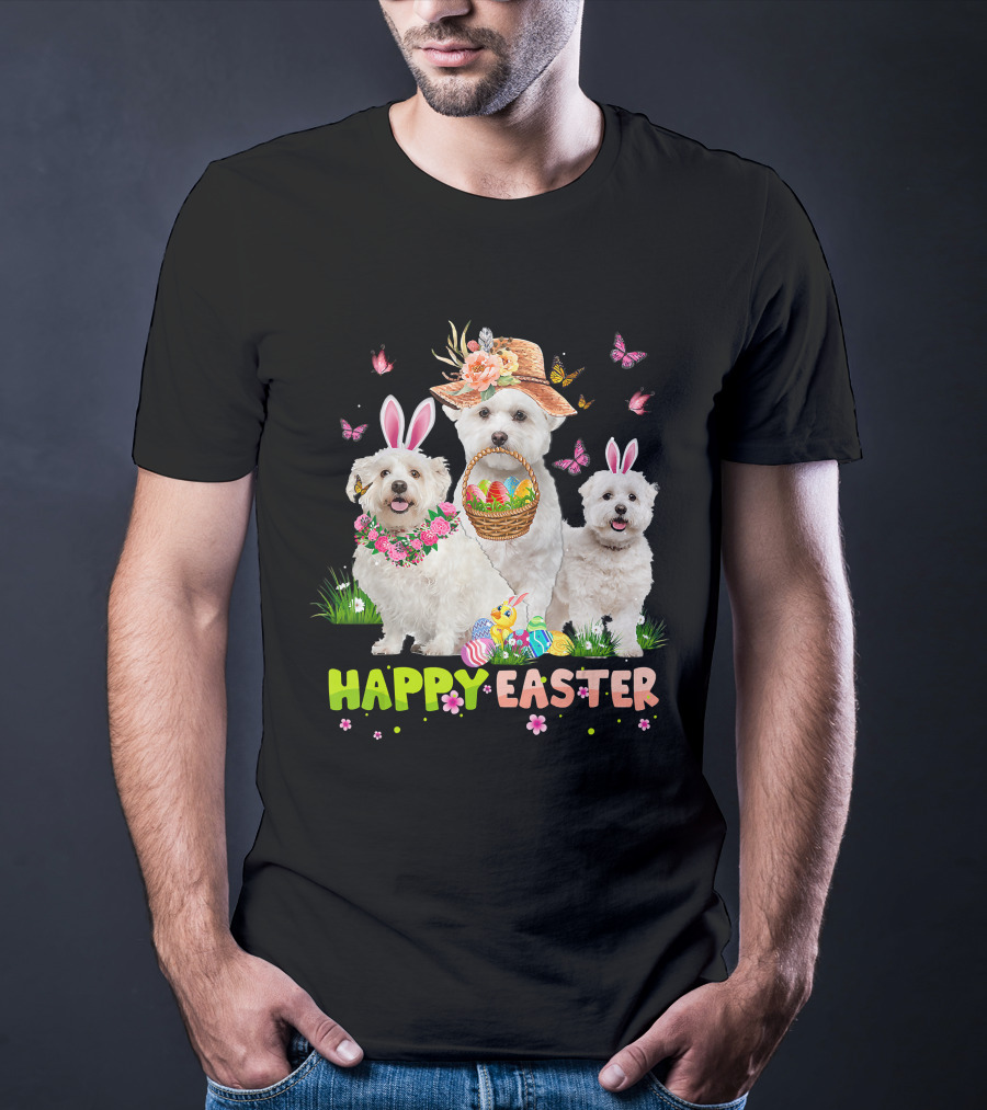 Happy Easter Maltese Dogs Bunny Ears Basket Eggs Butterflies T-Shirt