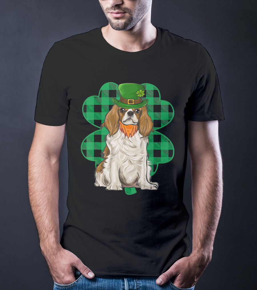 King Charles Spaniel Leprechaun With Shamrock Hat And Plaid Clover T-Shirt