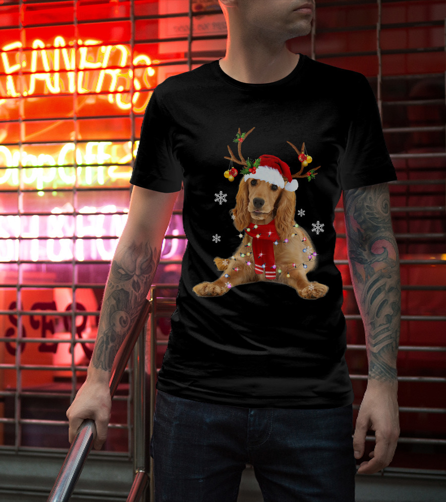Cocker Spaniel In Santa Hat With Christmas Lights And Reindeer Antlers T-Shirt