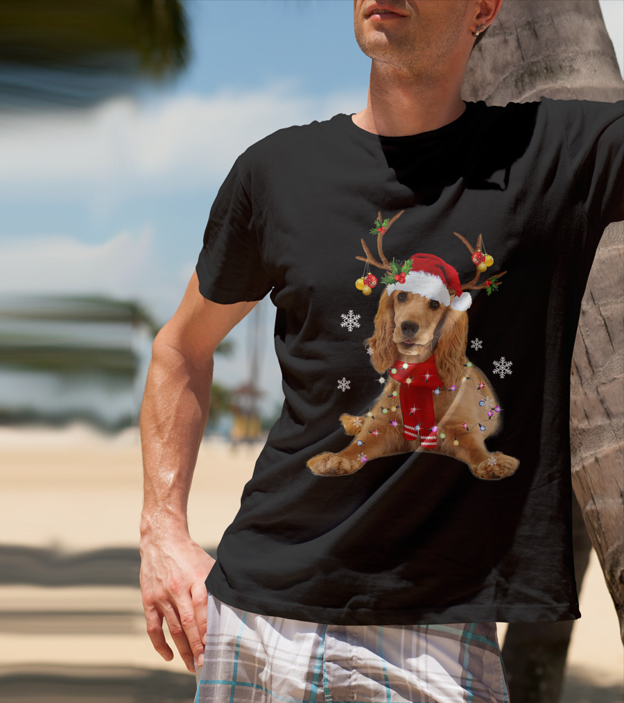 Cocker Spaniel In Santa Hat With Christmas Lights And Reindeer Antlers T-Shirt