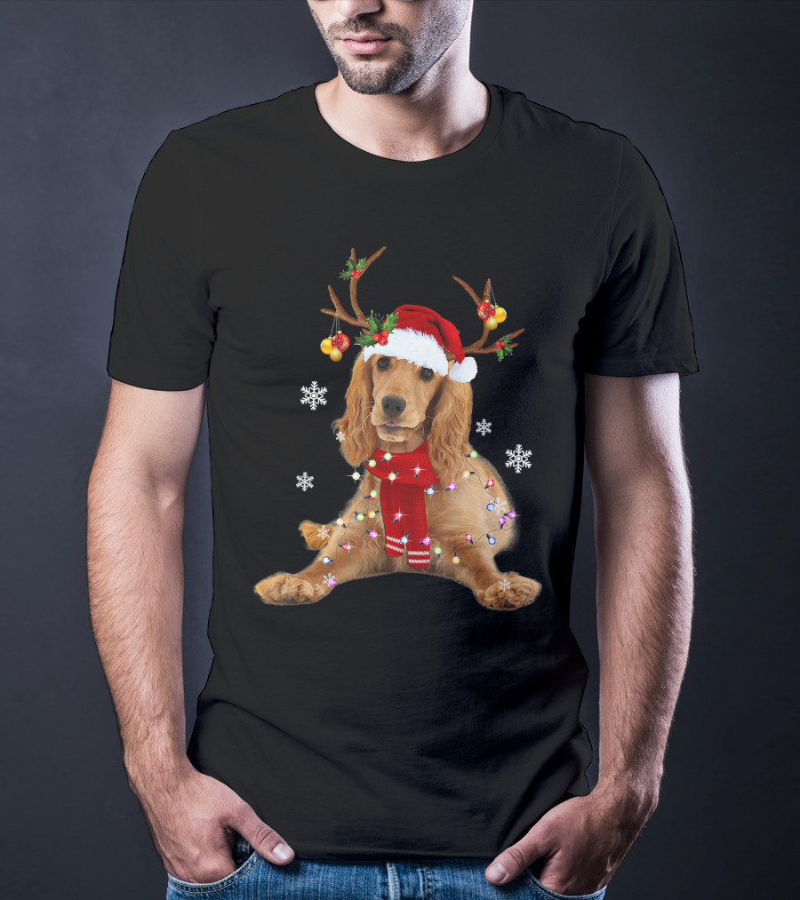 Cocker Spaniel In Santa Hat With Christmas Lights And Reindeer Antlers T-Shirt