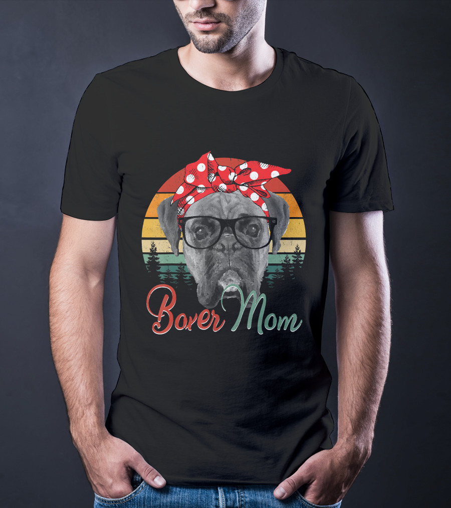 Boxer Mom Boxer Dog Lovers Retro Glasses And Polka Dot Bandana T-Shirt
