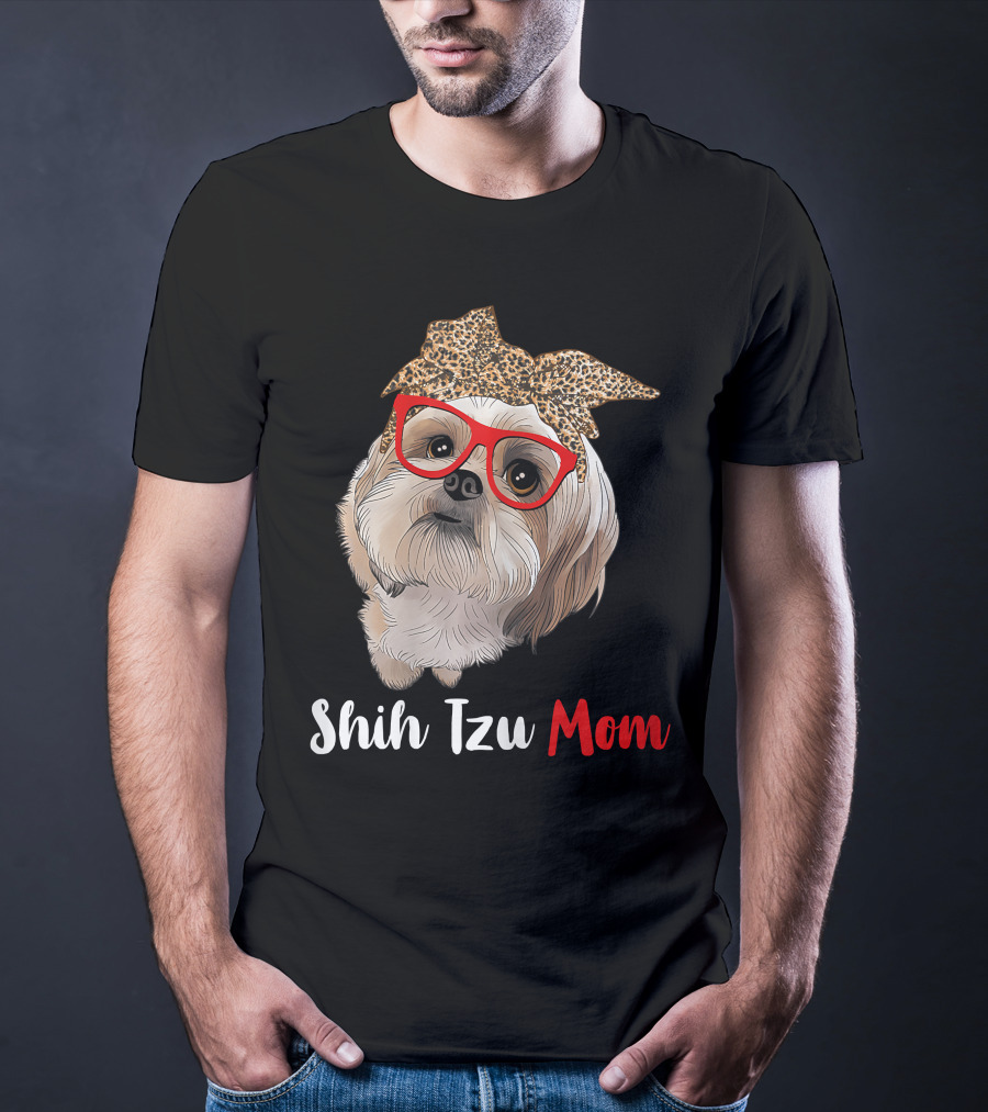 Shih Tzu Mom Leopard Print Bow Cute Dog Lover Red Glasses T-Shirt