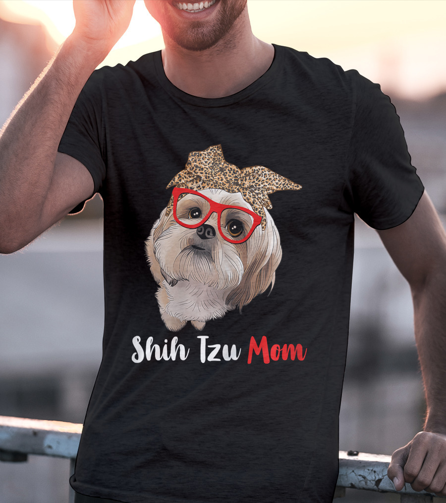 Shih Tzu Mom Leopard Print Bow Cute Dog Lover Red Glasses T-Shirt