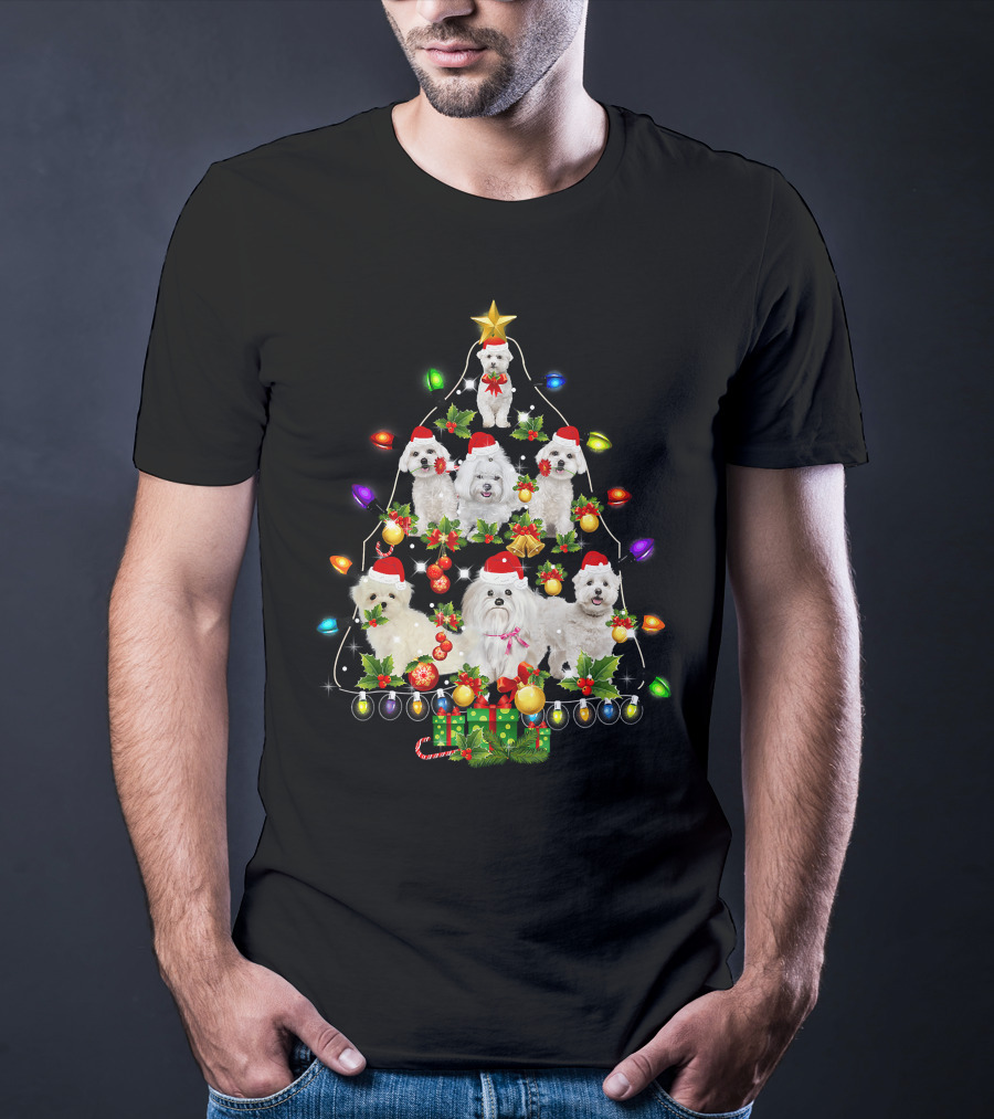 Maltese Christmas Tree Santa Funny Dogs Lights Holiday T-Shirt