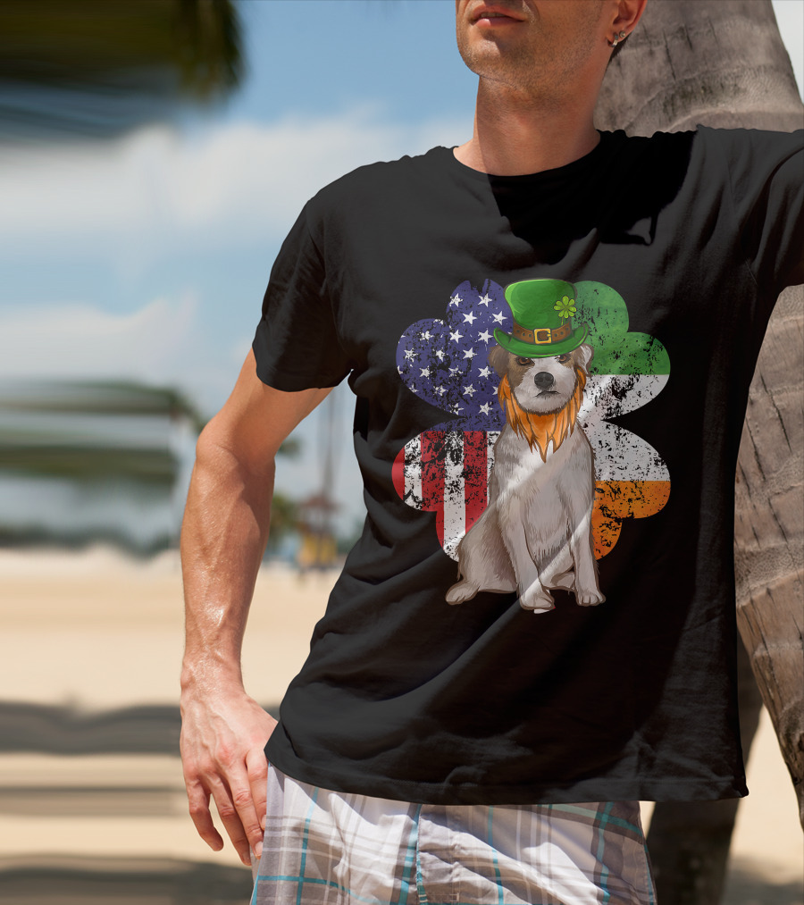 Irish American Parson Terrier Wearing Leprechaun Hat With USA And Ireland Flags Shamrock St. Patrick's Day T-Shirt
