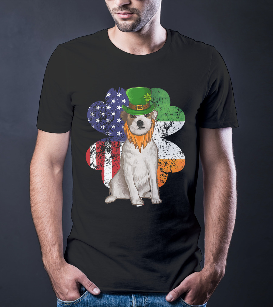 Irish American Parson Terrier Wearing Leprechaun Hat With USA And Ireland Flags Shamrock St. Patrick's Day T-Shirt