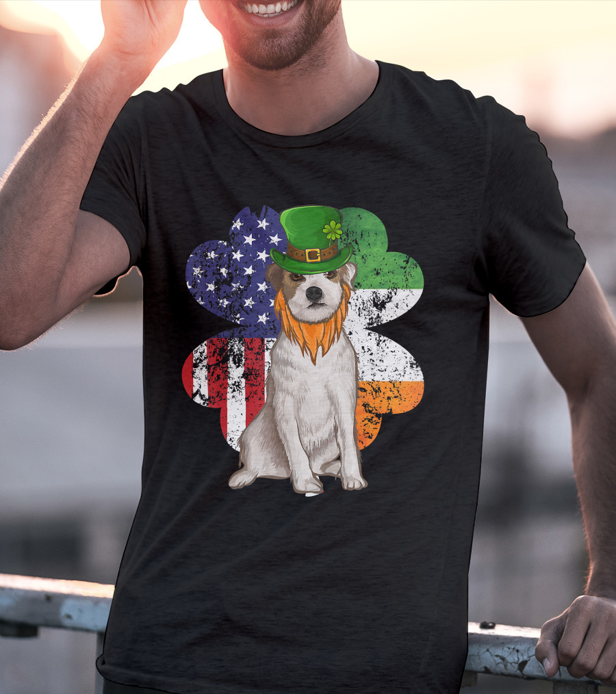 Irish American Parson Terrier Wearing Leprechaun Hat With USA And Ireland Flags Shamrock St. Patrick's Day T-Shirt