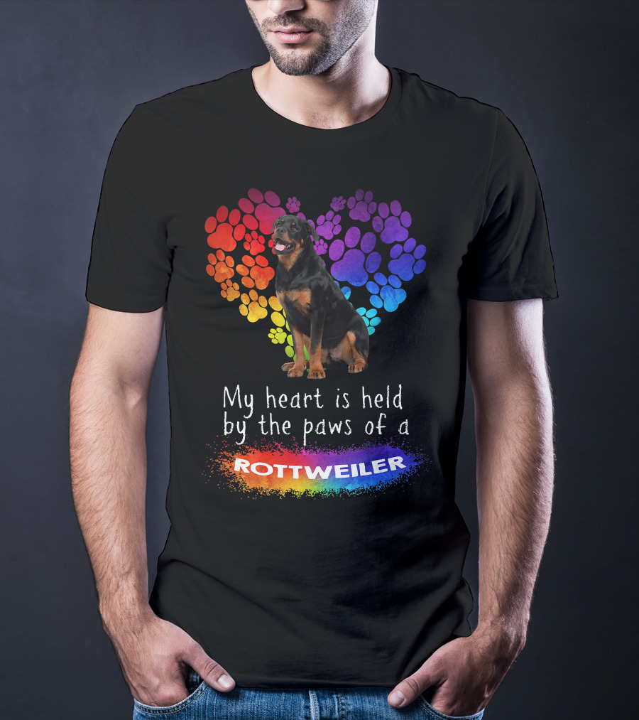 My Heart Is Held By The Paws Of A Rottweiler Rainbow Paw Print Heart T-Shirt