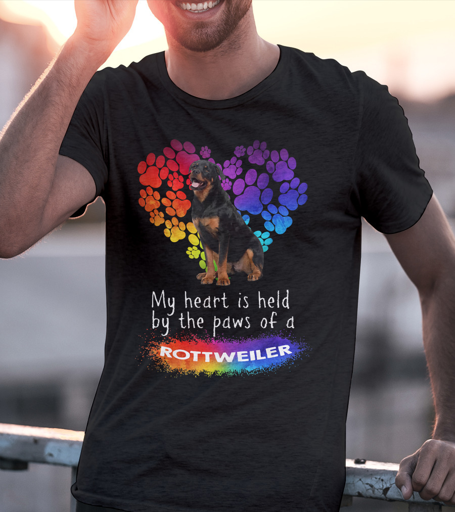 My Heart Is Held By The Paws Of A Rottweiler Rainbow Paw Print Heart T-Shirt