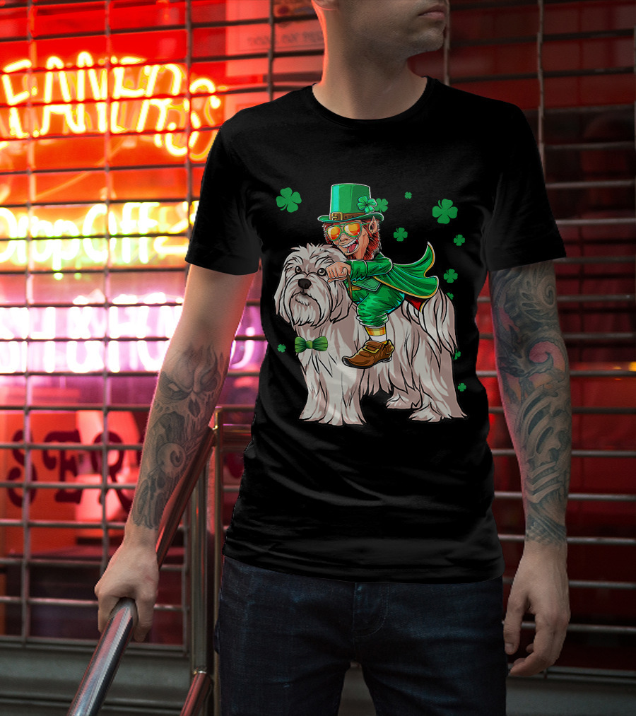 Leprechaun Riding Maltese Dog With Shamrocks T-Shirt