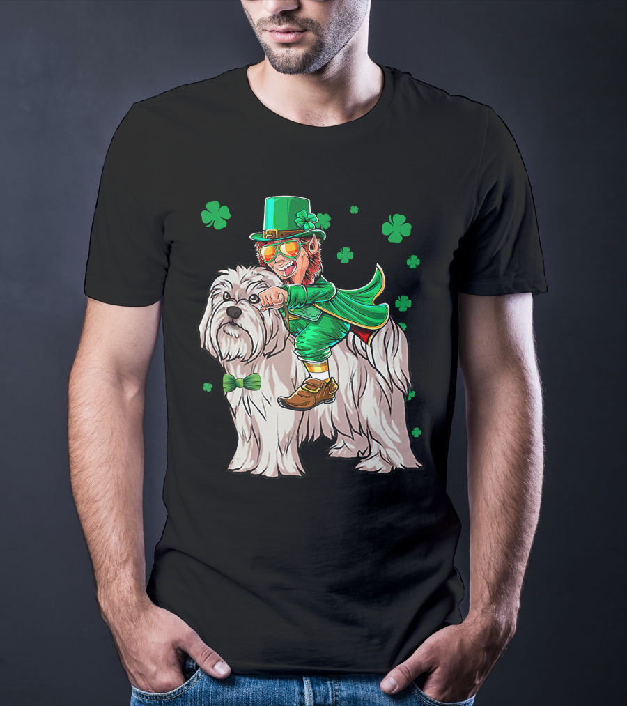 Leprechaun Riding Maltese Dog With Shamrocks T-Shirt