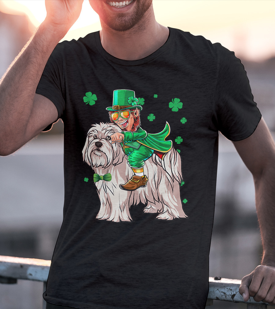 Leprechaun Riding Maltese Dog With Shamrocks T-Shirt